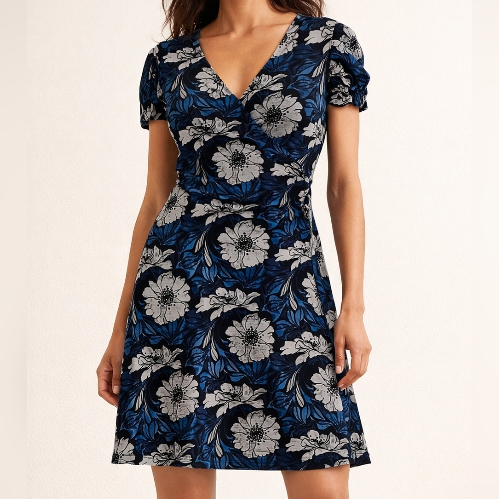Blue Gray & Black Floral V-Neck Short Sleeve Belted Women's A-line Dress